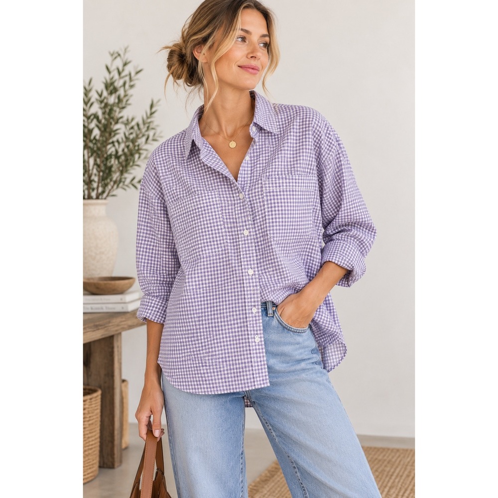 Everlane Purple Gingham Organic Cotton Relaxed Shirt XL Button Down Oversized
